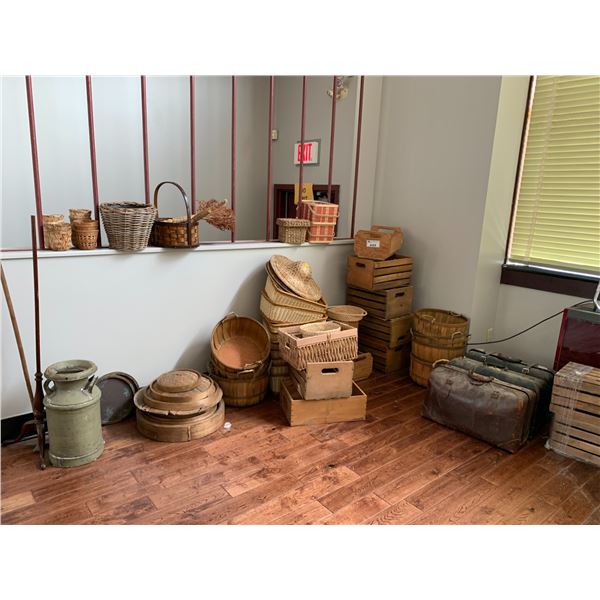 ASSORTED ITEMS INCLUDING; WOOD CRATES, WHICKER BASKETS, VINTAGE LUGGAGE & MORE