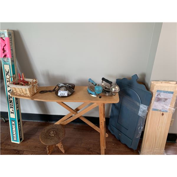 ASSORTED ITEMS INCLUDING; WOOD IRONING BOARD, VINTAGE TELEPHONE, VINTAGE IRONS, CORNER CABINET & ...