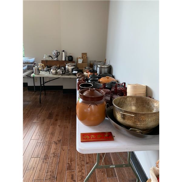 ASSORTED ITEMS INCLUDING; COFFEE POTS, TEA POTS, HERB BASKETS, CROCK POT & MORE (TABLES NOT INCLU...