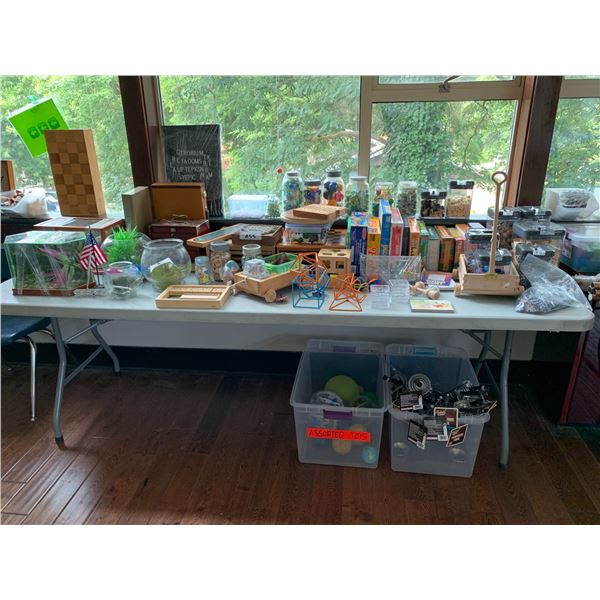 ASSORTED ITEMS INCLUDING; BOARD GAMES, BOUNCY BALLS, MARBLES, TERRARIUMS & MORE (TABLE NOT INCLUDED)