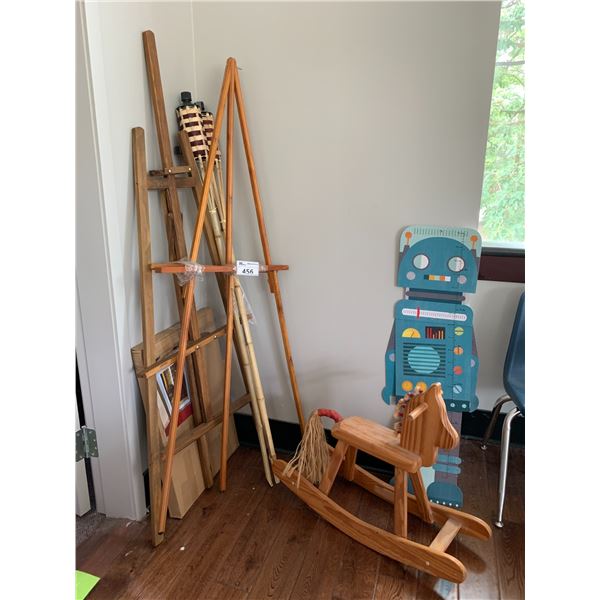 ASSORTED ITEMS INCLUDING; ROCKING HORSE, ROBOT CUT-OUT, EASELS & MORE