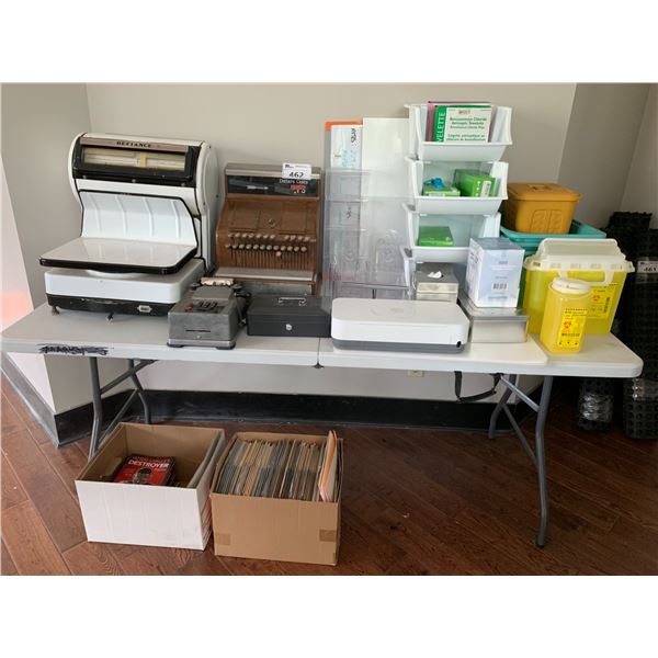 ASSORTED ITEMS INCLUDING; VINTAGE CASH REGISTER, VINTAGE DEFIANCE SCALE, HP PRINTER & MORE (TABLE...