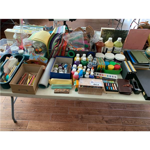 ASSORTED ITEMS INCLUDING; PAINT, BIRD HOUSES, ART SUPPLIES & MORE (TABLE NOT INCLUDED)