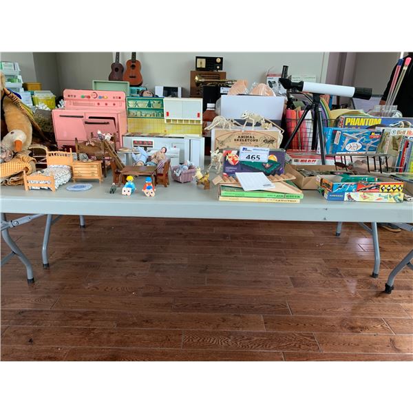 ASSORTED ITEMS INCLUDING; MODEL PLANES, DOLL HOUSE MINIATURES, STUFFED BEARS & MORE (TABLE NOT IN...