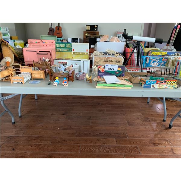 ASSORTED ITEMS INCLUDING; MODEL PLANES, DOLL HOUSE MINIATURES, STUFFED BEARS & MORE (TABLE NOT IN...