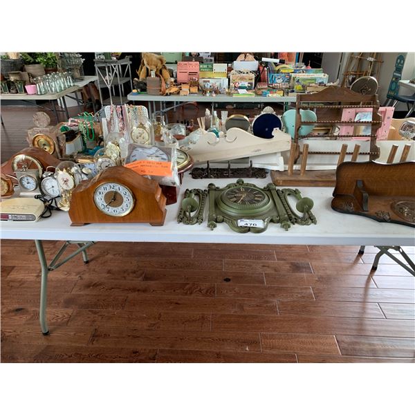 ASSORTED ITEMS INCLUDING; SHELF, WALL MOUNT COAT HANGERS & ASSORTED CLOCKS (TABLE NOT INCLUDED)