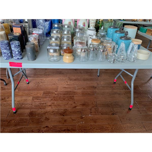 ASSORTED ITEMS INCLUDING; TEA BAGS, PANTRY CONTAINERS WITH ASSORTED CONTENTS, SYRUP POURERS & MOR...