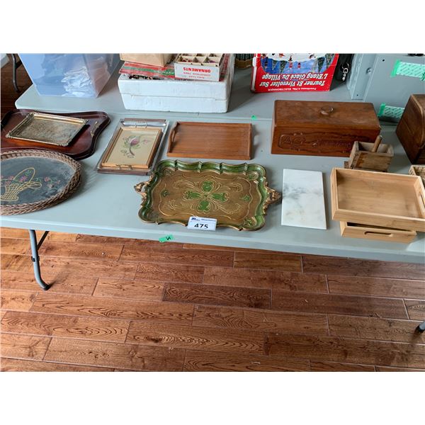 ASSORTED ITEMS INCLUDING; SERVING TRAYS, FRAMED ART, DISPLAY CASE, MARBLE CUTTING BOARD & MORE (T...