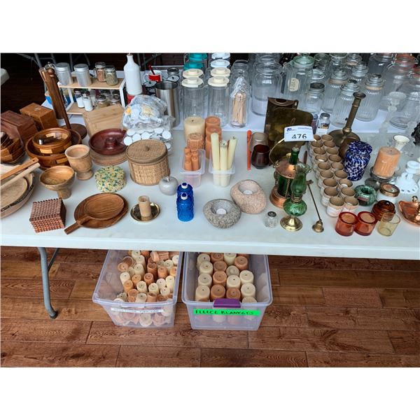 ASSORTED ITEMS INCLUDING; CANDLE HOLDERS, CANDLES, LANTERN, WOOD BOWLS & MORE (TABLE NOT INCLUDED)