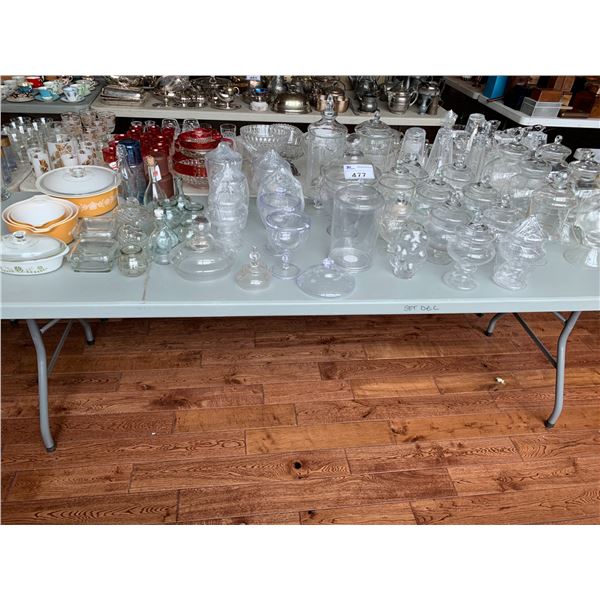 ASSORTED ITEMS INCLUDING; COOKING DISHES, GLASSWARE, GLASS BOTTLES & MORE (TABLE NOT INCLUDED)