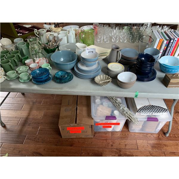 ASSORTED ITEMS INCLUDING; DISHWARE, BOOKS, PAPER FOOD PRODUCTS & MORE (TABLE NOT INCLUDED)