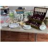 Image 1 : ASSORTED ITEMS INCLUDING; GLASSWARE, SILVER PLATED FLATWARE SET, GRAVY BOATS & MORE (TABLE NOT IN...