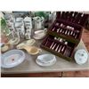 Image 3 : ASSORTED ITEMS INCLUDING; GLASSWARE, SILVER PLATED FLATWARE SET, GRAVY BOATS & MORE (TABLE NOT IN...