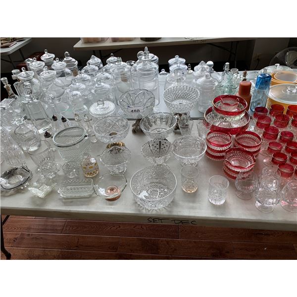 ASSORTED ITEMS INCLUDING; RASPBERRY GLASS, DECANTERS, GLASS PITCHERS & MORE (TABLE NOT INCLUDED)