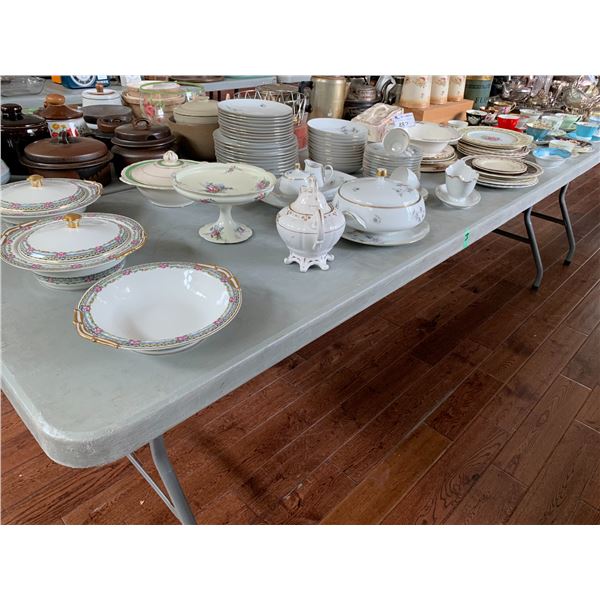 ASSORTED ITEMS INCLUDING; BONE CHINA, PITCHER SET, BUTTER DISH, FLOUR CONTAINER & MORE (TABLE NOT...