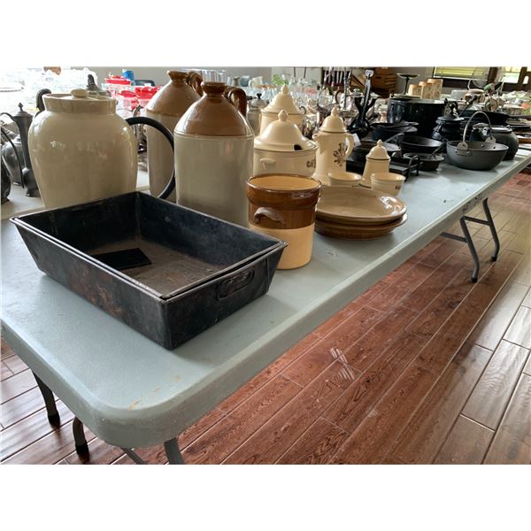 ASSORTED ITEMS INCLUDING; TEA SET, CAST IRON PANS, CAST IRON POTS & MORE (TABLE NOT INCLUDED)