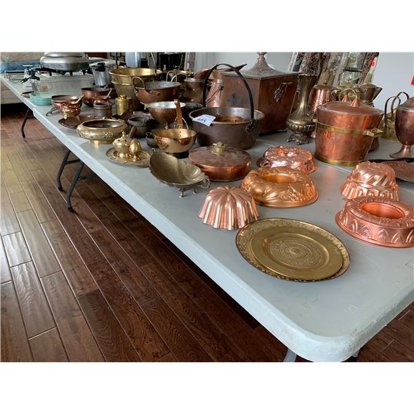 ASSORTED ITEMS INCLUDING; CAKE MOLDS, COPPER DISHES, EGG DISH & MORE (TABLE NOT INCLUDED)