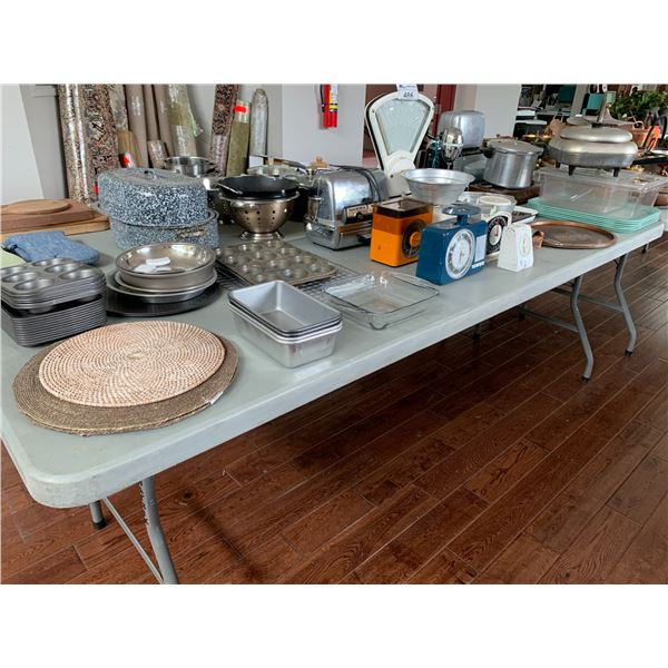 ASSORTED ITEMS INCLUDING; VINTAGE TOASTER, VINTAGE SCALE, MUFFIN PANS & MORE (TABLE NOT INCLUDED)