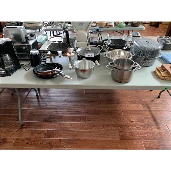 ASSORTED ITEMS INCLUDING; POTS & PANS, COFFEE MAKER, TOASTER OVEN, CUTTING BOARDS & MORE (TABLE N...