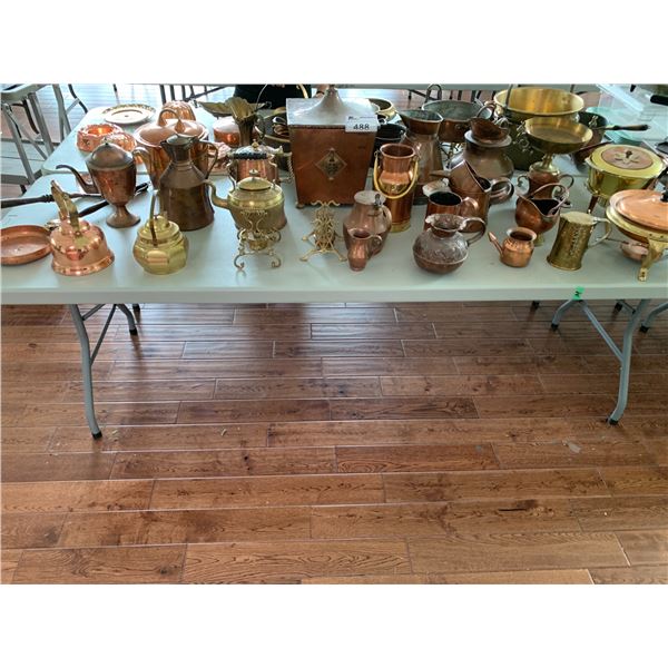 ASSORTED ITEMS INCLUDING; COPPER DISHWARE, BRONZE TEAPOT, BRONZE POT & MORE (TABLE NOT INCLUDED)