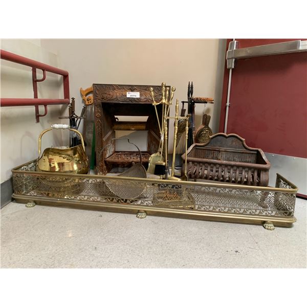 ASSORTED FIREPLACE ITEMS INCLUDING; TOOL SETS, FIREWOOD HOLDER, FIREPLACE FRAME & MORE