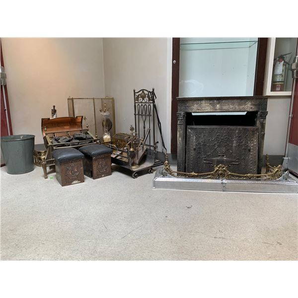 ASSORTED FIREPLACE ITEMS INCLUDING; TOOL SETS, FIREWOOD HOLDER, FIREPLACE FRAME & MORE