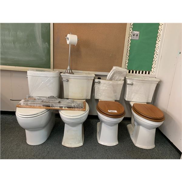 4 ASSORTED TOILETS, TOILET PAPER HOLDER & TOWEL RACKS