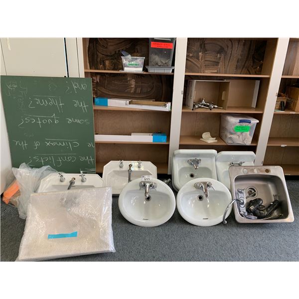 ASSORTED ITEMS INCLUDING; VINTAGE SINKS, BATHROOM STALL HARDWARE, TOWEL BARS & MORE