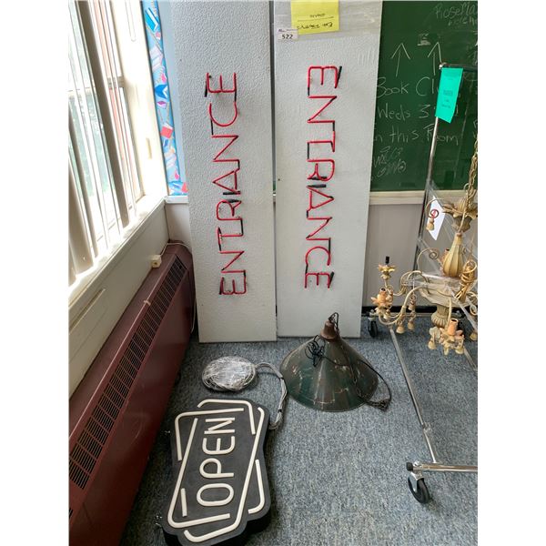 ASSORTED LIGHTING INCLUDING; NEON ENTRANCE SIGNS, NEON OPEN SIGN & HANGING LAMP