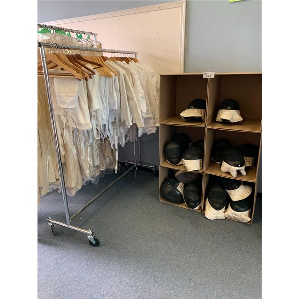 ASSORTED FENCING HELMETS & RACK OF FENCING CLOTHING