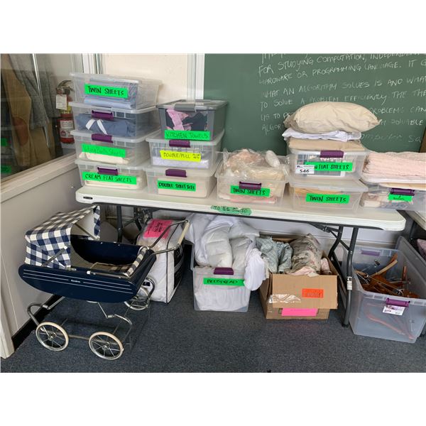 ASSORTED ITEMS INCLUDING; BEDDING, BABY STROLLER, PILLOW SHAMS & MORE (TABLE NOT INCLUDED)