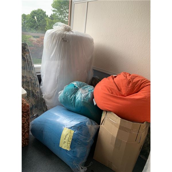 ASSORTED ITEMS INCLUDING; BEAN BAG CHAIR, SOFA CUSHION, ROLL OF FOAM & MORE