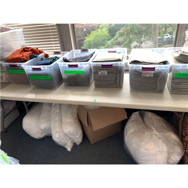 ASSORTED ITEMS INCLUDING; TABLE CLOTHS, BLANKETS, PILLOWS & MORE (TABLE NOT INCLUDED)