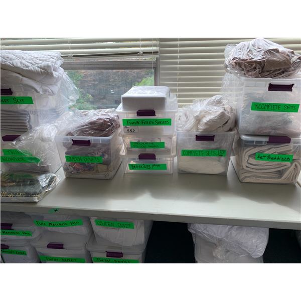 ASSORTED ITEMS INCLUDING; BEDDING, BED SKIRTS, PILLOW SHAMS & MORE (TABLE NOT INCLUDED)