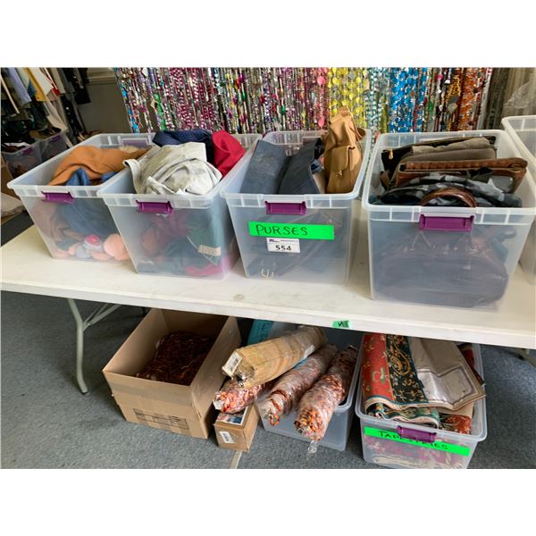 ASSORTED ITEMS INCLUDING; PURSES, HATS, CLOTHING & MORE (TABLE NOT INCLUDED)