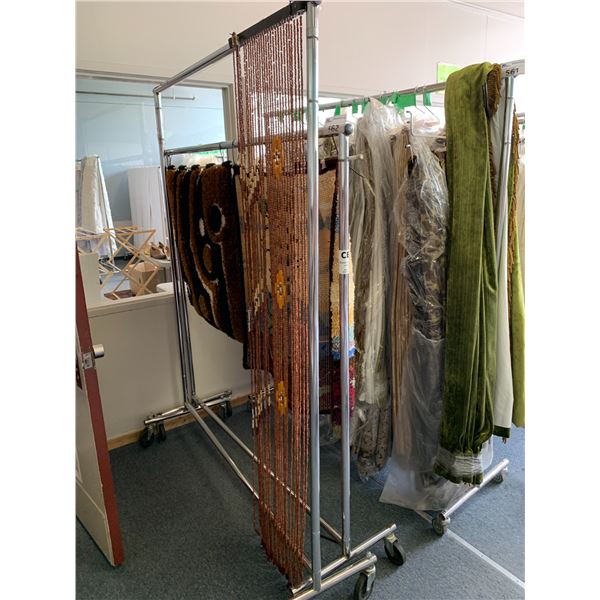 2 RACKS OF HANGING BEADS & 2 HANGING TEXTILES