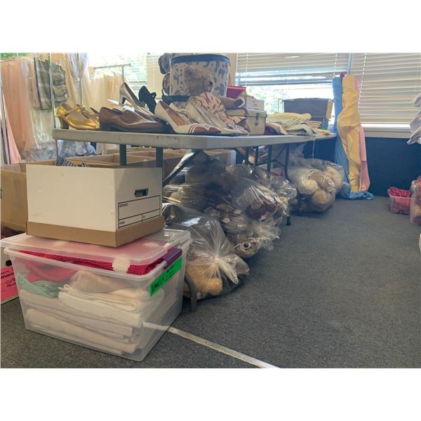 ASSORTED ITEMS INCLUDING; SHOES, STUFFED BEARS, TABLE CLOTHS & MORE (TABLES NOT INCLUDED)
