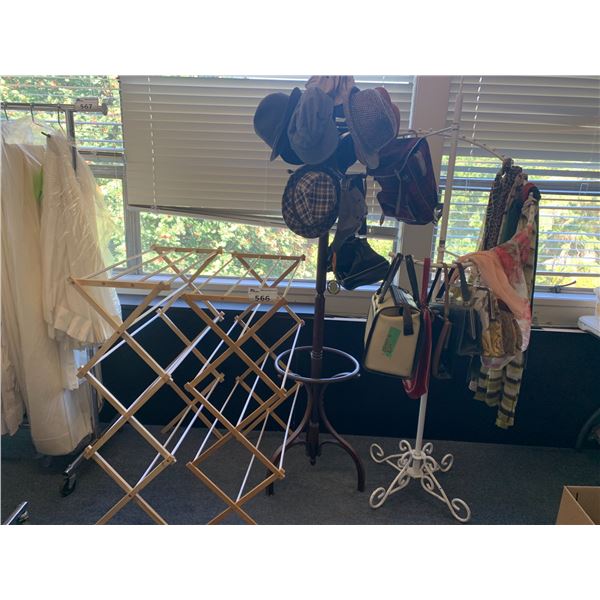 4 CLOTHING RACKS WITH ASSORTED HATS, SCARVES & BAGS
