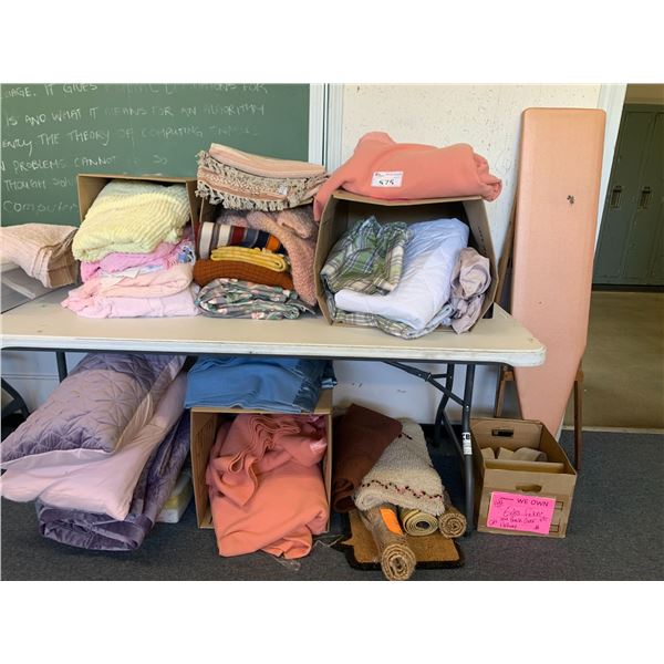 ASSORTED ITEMS INCLUDING; FLOOR MATS, PILLOWS, BLANKETS & MORE (TABLE NOT INCLUDED)