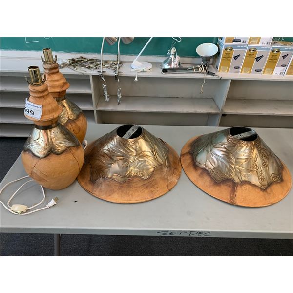 2 VINTAGE TIN & LEATHER WRAPPED LAMPS WITH SHADES