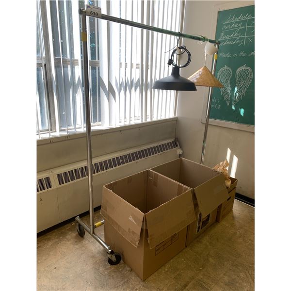 RACK & 3 BOXES OF ASSORTED HANGING LAMPS