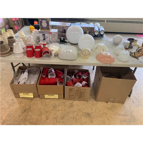 ASSORTED LIGHTING INCLUDING; LAMP SHADES, GLOBE LIGHTS, WALL FIXTURES & MORE (TABLE NOT INCLUDED)