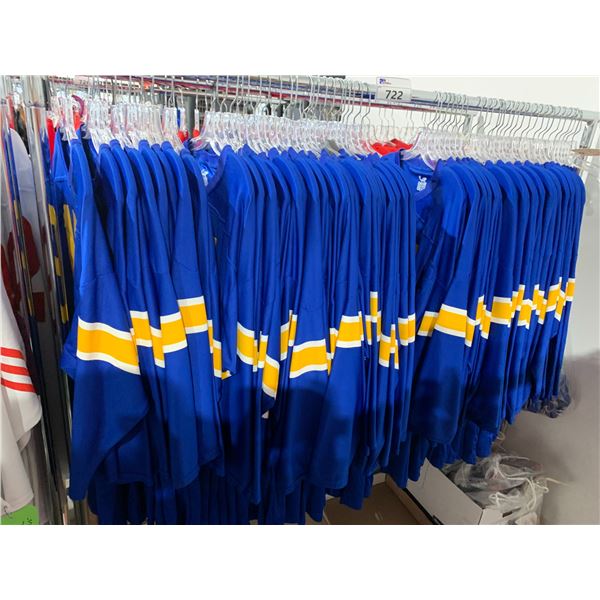 *L2* RACK OF ASSORTED FOOTBALL JERSEYS, LOWRY MEDICAL GRADE ATHLETIC SUPPORTERS & BLUE BELTS (RAC...