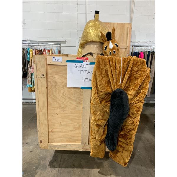 *L2* LARGE WOOD CRATE WITH GIANT TITAN HEAD & HORSE COSTUMES APPROX 44"X88"X44" (RACK UNDER CRATE...