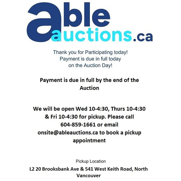 All items must be removed Wed, Thurs, or Fri 10-4:30 by appointment only.