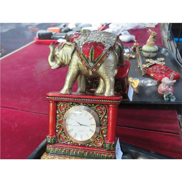 Ornate Elephant Desk Clock, Rabbit Ring Boxes, Floral Pill Box, Cross & Décor Items