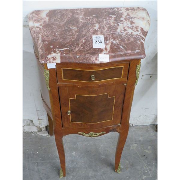 Ornate Brass Trim Burl Marble Top Hall Cabinet