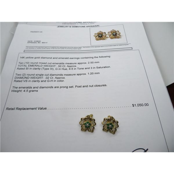 14K YG Diamond and Emerald Earrings w/10 Round Emeralds & 2 Round Single Diamonds