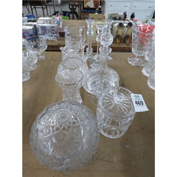 Crystal Candle Sticks, Decanters and Pictures