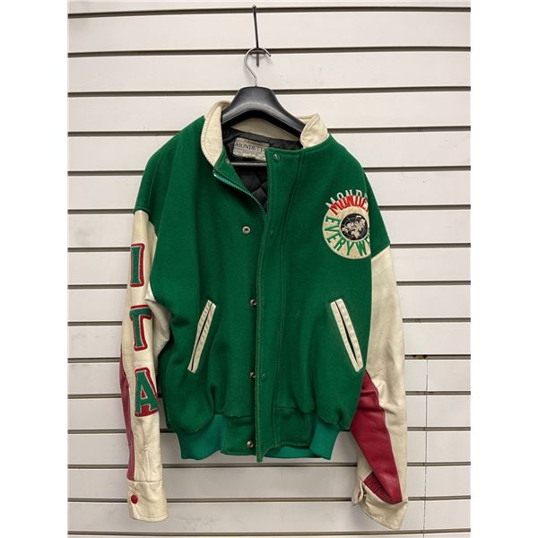 Vintage Mondetta Everywear  A Spirit of Unification  Wool Leather Italy Varsity Zip & Button Jacket